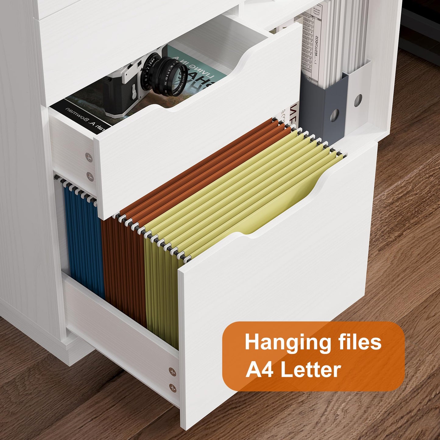TQVAI 4 Drawer Filing Cabinet Organizer with 2 Open Shelves, Heavy Duty for Storing Letter A4 Size and Printer, Wood Lateral File Cabinets for Home Office, Hanging Files, White, Easy Assembly