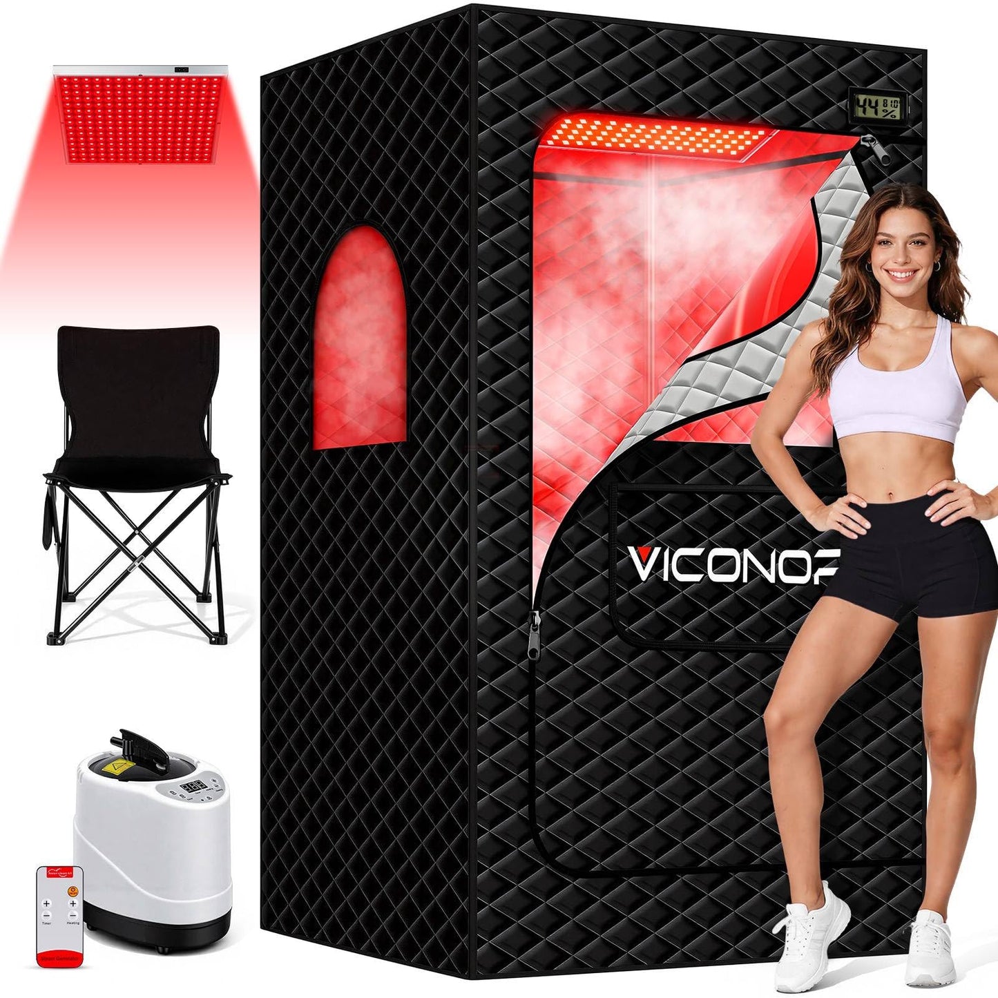 Infrared Sauna Box, Portable Steam Infrared Sauna with Red Light Therapy for Body, Sauna Tent with 660nm & 850nm Infrared Red Light Therapy Lamp, 3L/1200W Steamer, 9 Levels Heat, Timer, Folding Chair