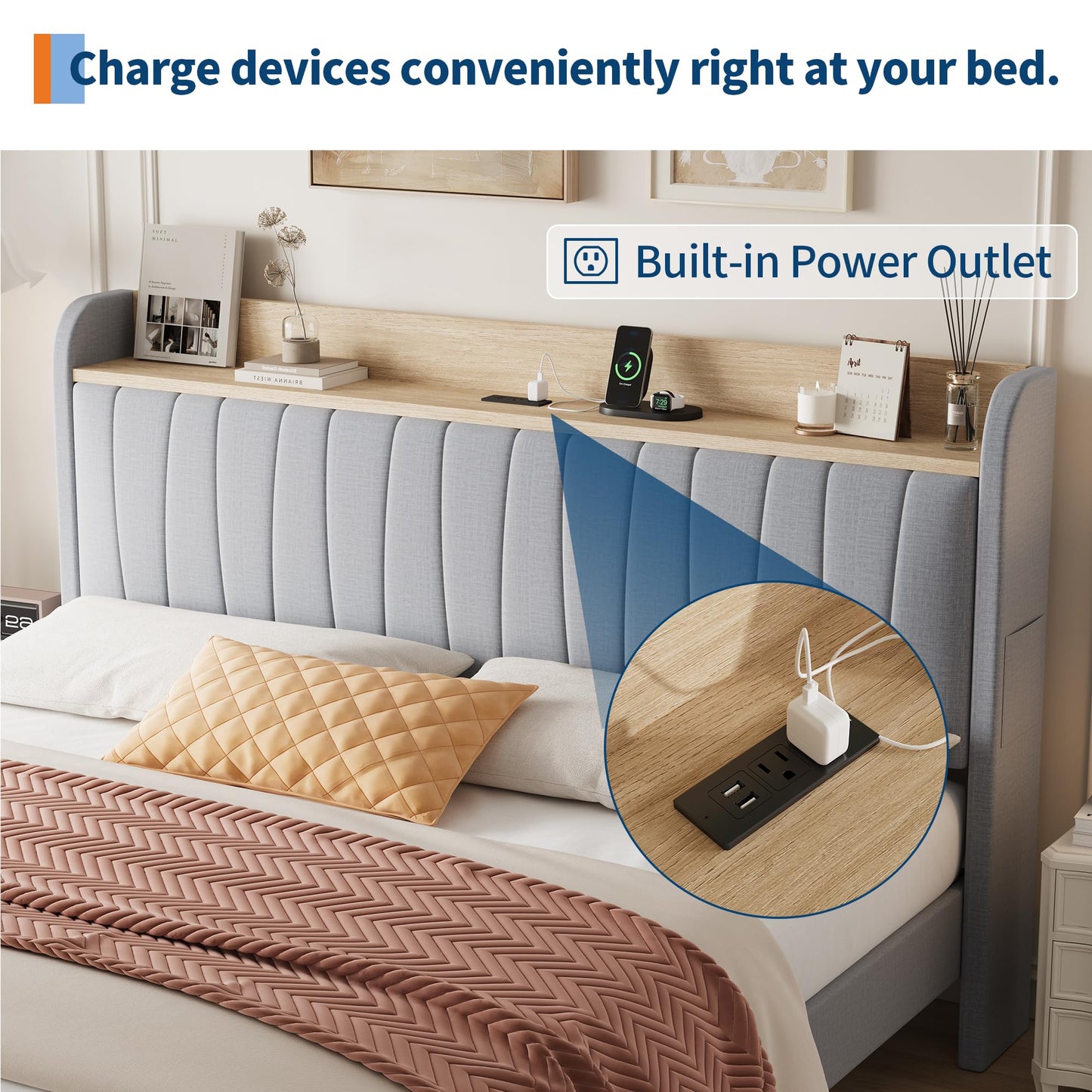 GarveeHome King Size Bed Frame with Storage Headboard, Upholstered Platform Beds with Drawers, Charging Station, Noise-Free, No Box Spring Needed, Easy Assembly, Light Grey