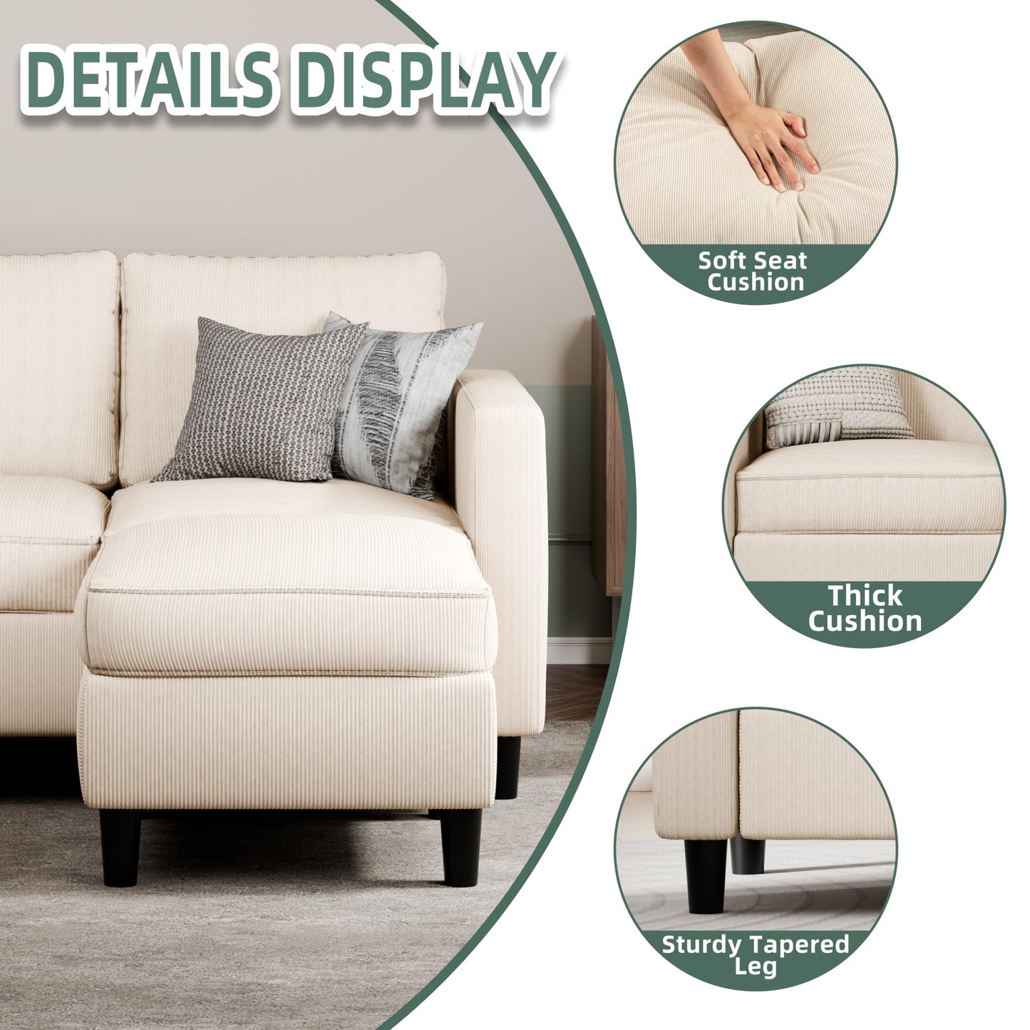 SUNLEI 73.6" Modular Sectional Sofa, Comfy Cloud Couch with Movable Ottoman Deep Seat L Shaped Modular Sofa, Sectional Couches for Living Room and Apartment, Khaki