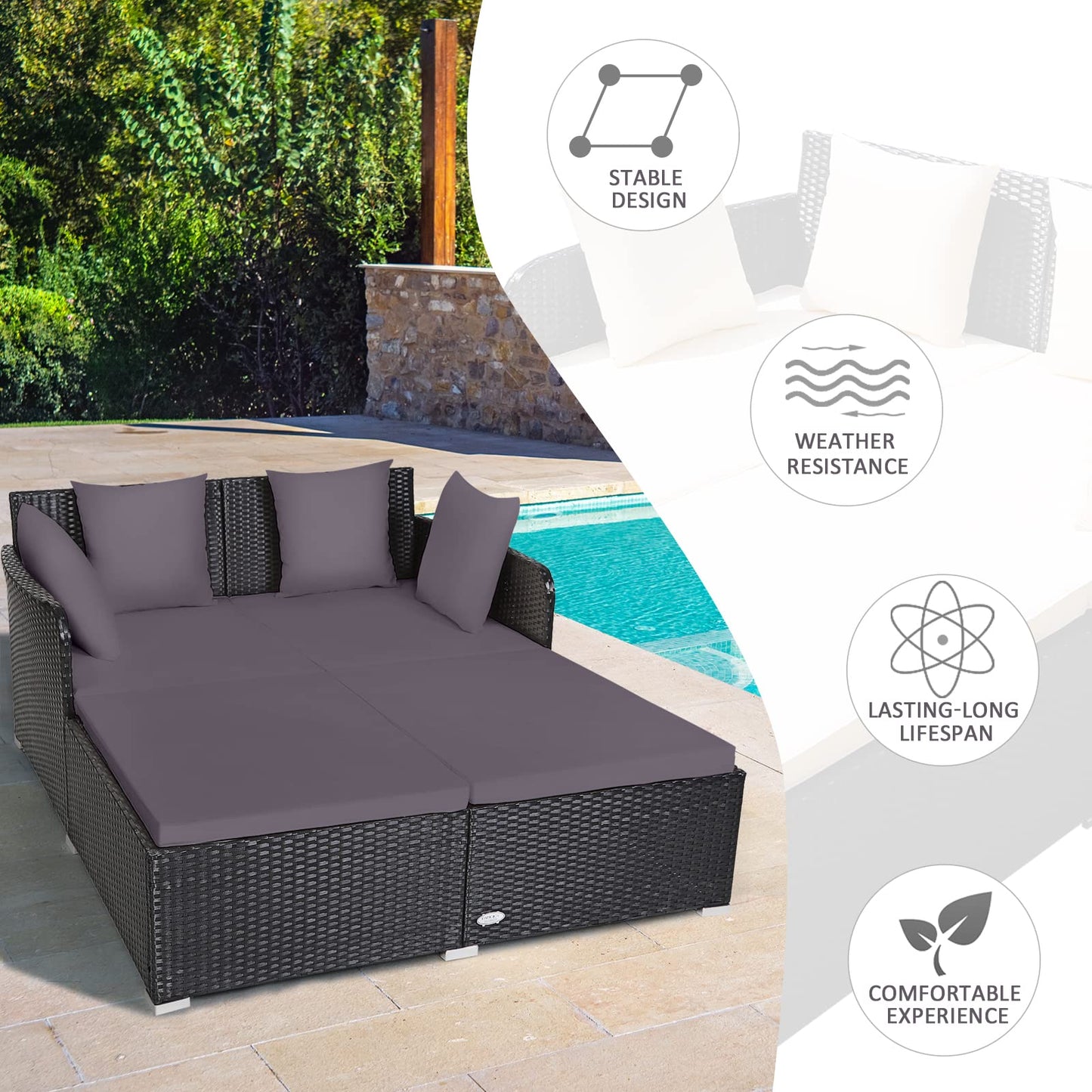 Tangkula Outdoor Rattan Daybed, Sunbed Wicker Furniture w/Spacious Seat, Upholstered Cushion & High-Resilience Sponge, Wicker Patio Sofa Set w/Extra Pillows for Courtyard Poolside (Grey)