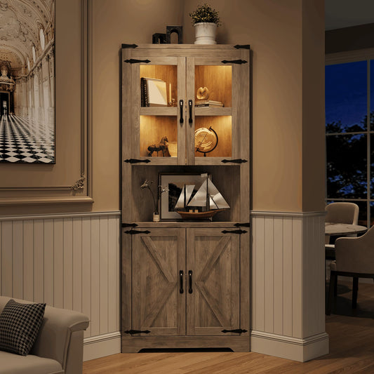 GarveeHome 67 in Tall Corner Storage Cabinet with Lights, Farmhouse Corner Hutch Display Cabinet with Glass Doors, Wooden Storage Organizer for Kitchen, Living Room, Bathroom, Washed Grey