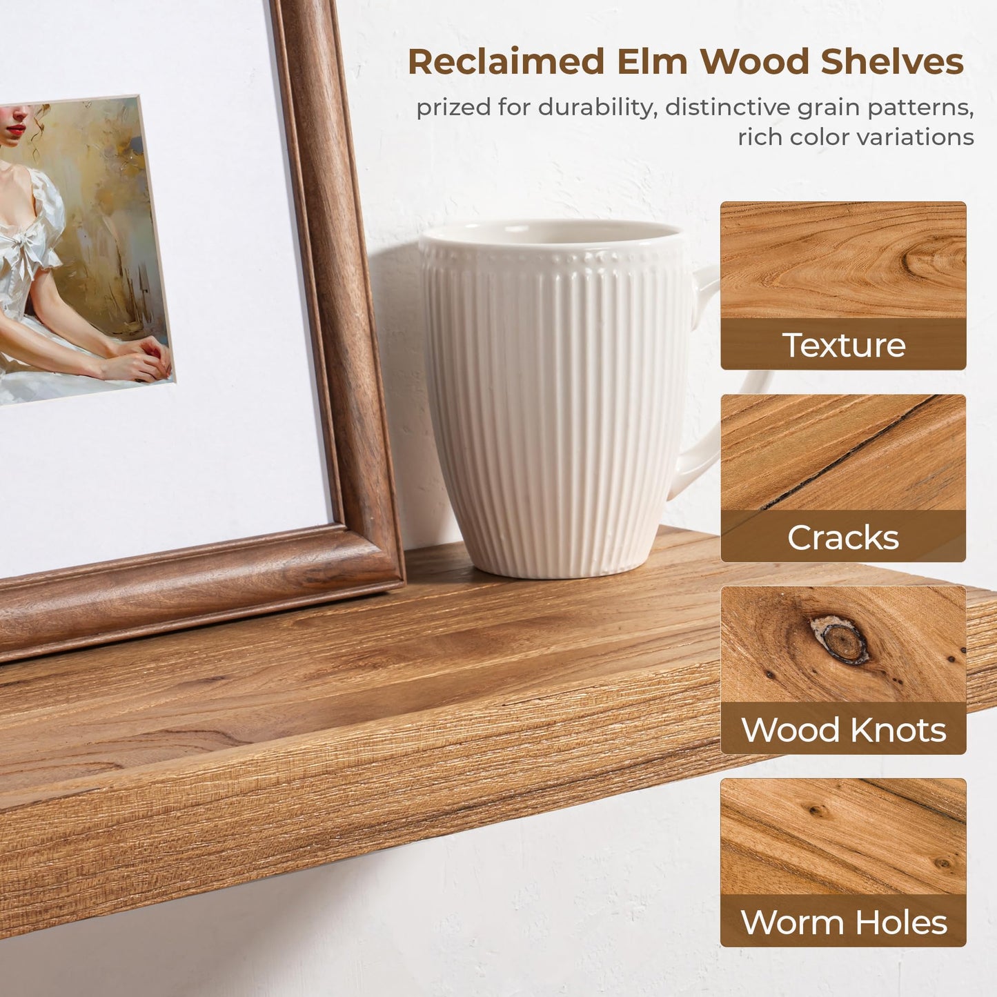 Axeman Rustic Elm Wood Floating Shelves - 72'' W x 8" D Wall Mantel Shelf with Invisible Bracket, Large Long Wall Mounted Storage Shelves for Living Room, Bedroom, Kitchen, Bathroom, Natural