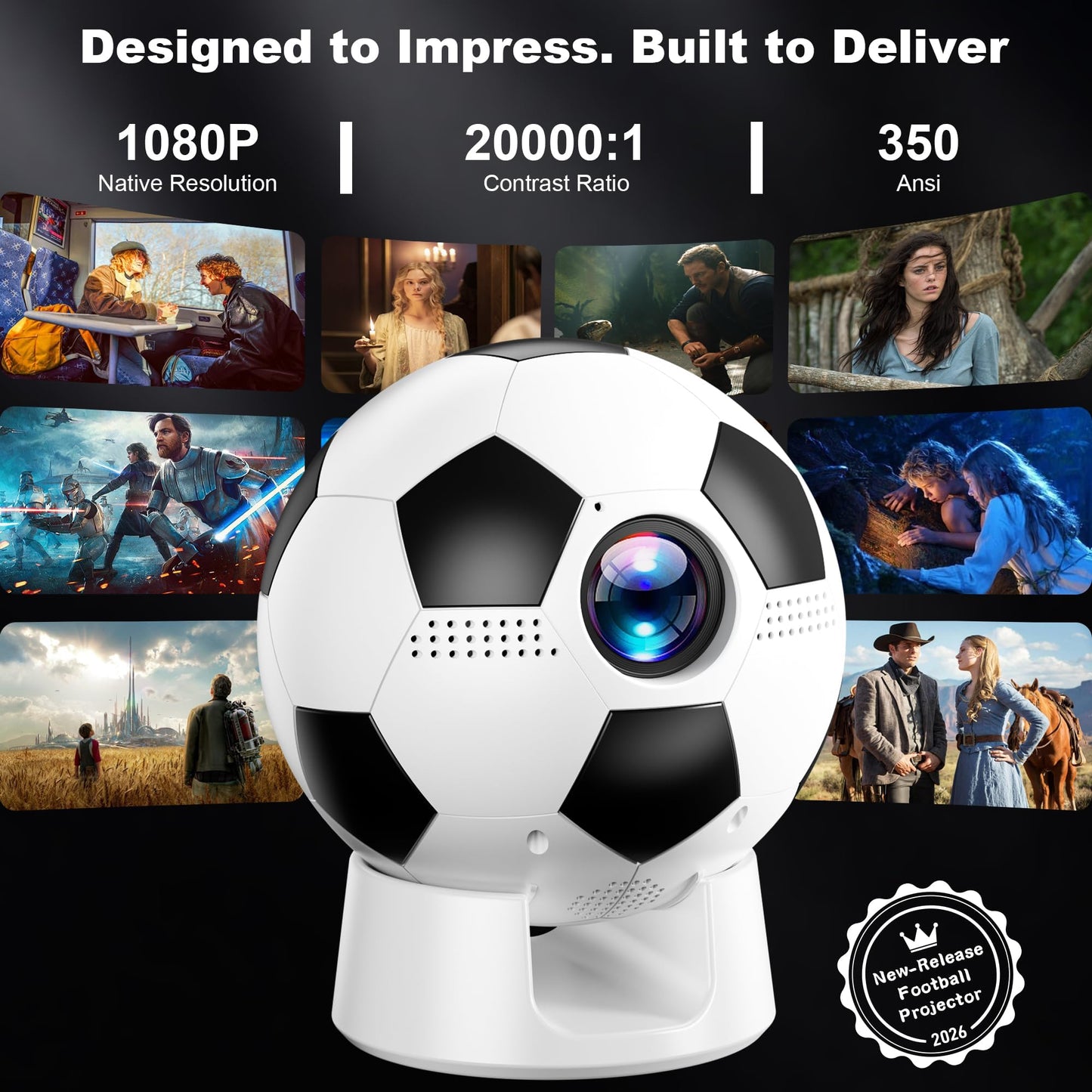 Soccer Fan's Ultimate Native 1080P Projector with Built-in Apps, Bluetooth Projector with Dual Bond Wi-Fi 6, 180° Rotatable Integrated stand, Gift for Big Soccer Match Supporters