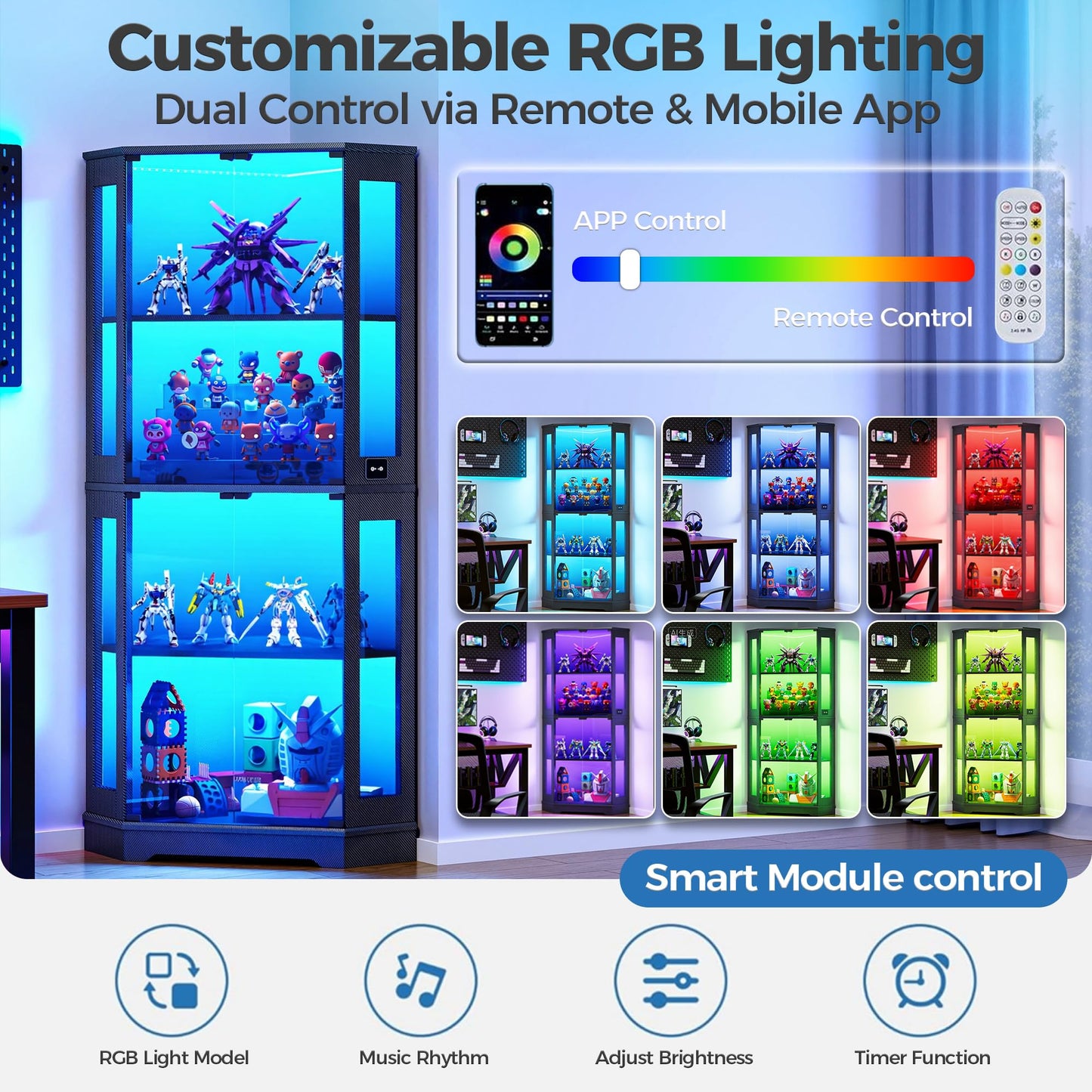 IRONCK 71" Carbon Fiber Corner Glass Display Cabinet, RGB LED Lights with Remote & APP Control, Human Body Sensor, 4-Tier Tempered Glass Display Case with 2 Adjustable Shelves for Collectibles, Black