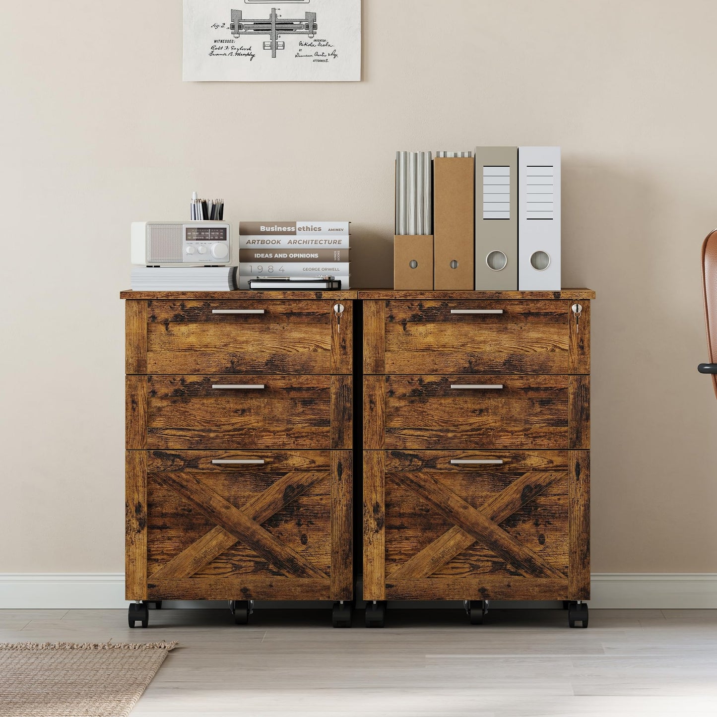3-Drawer Rolling File Cabinet with Lock - Wooden Mobile Filing Cabinet for Home Office, Under Desk Storage Organizer fits Letter/A4/Legal Size, Sturdy Printer Stand with Locking Casters, Rustic Brown