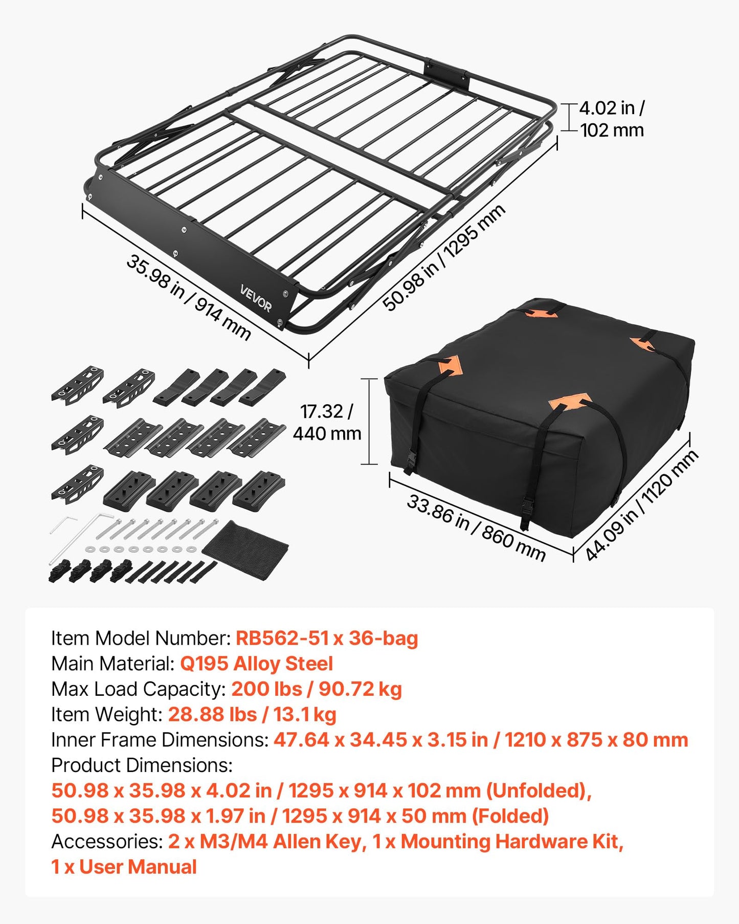 VEVOR Roof Rack Basket with Cargo Bag, 51 x 36 x 4 in, Roof Top Carrier Basket with Folding Design, 200 lbs Capacity, All-Weather Car Top Luggage Holder, Universal Fit for SUV Truck Car
