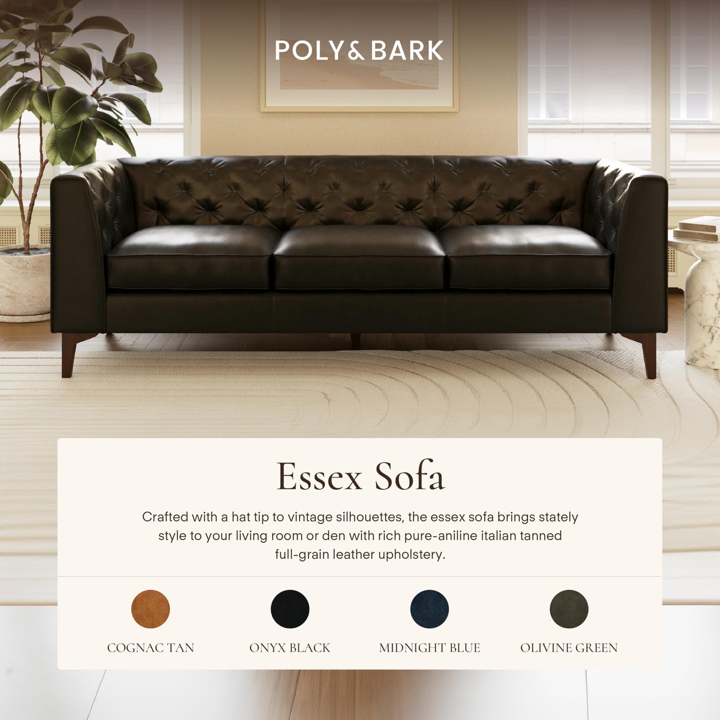 POLY & BARK Essex 89” Full-Grain Italian Leather Sofa – Tufted Back, Feather-Down Comfort, Solid Wood Frame, Onyx Black