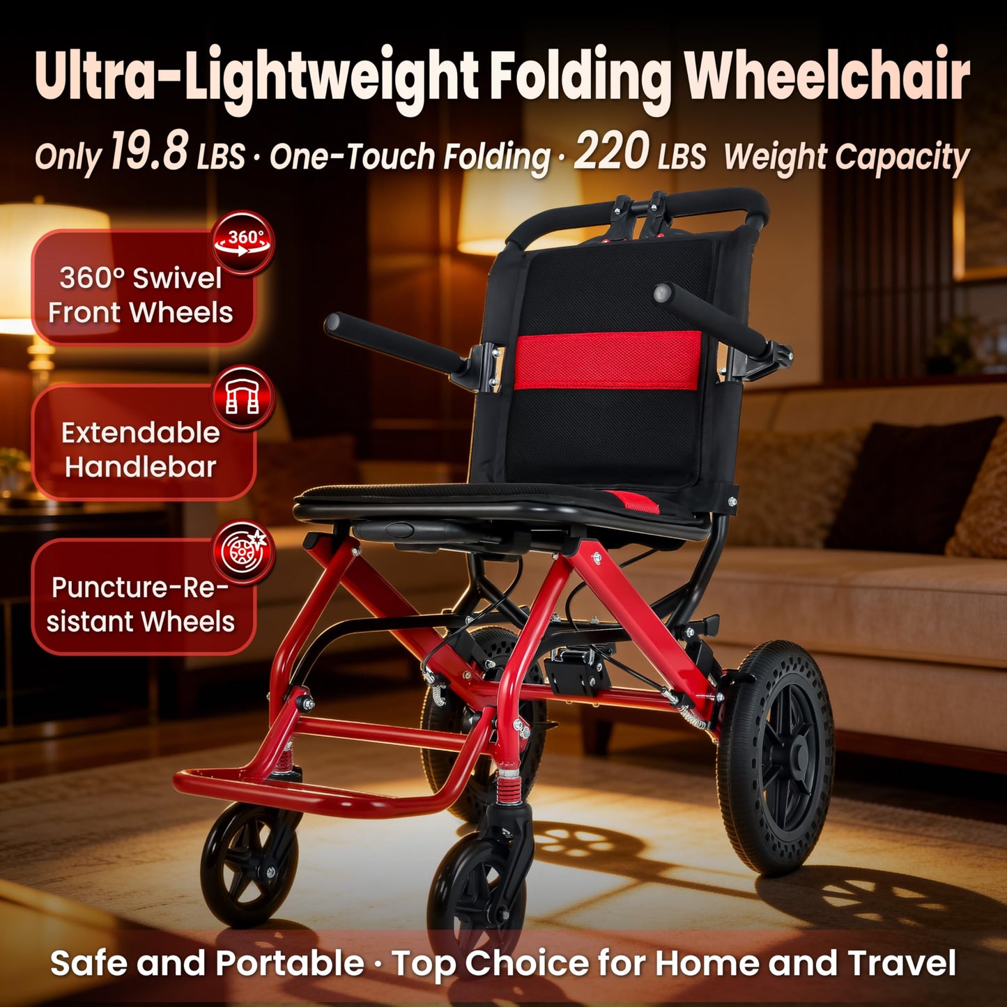 World's Lightest Transport Wheelchairs, 12'' Large Honeycomb Terrain Tire, Travel Wheelchairs with Telescopic Handle, Aluminum Wheelchair Support 220lbs, Lightweight Wheelchair with Travel Bag