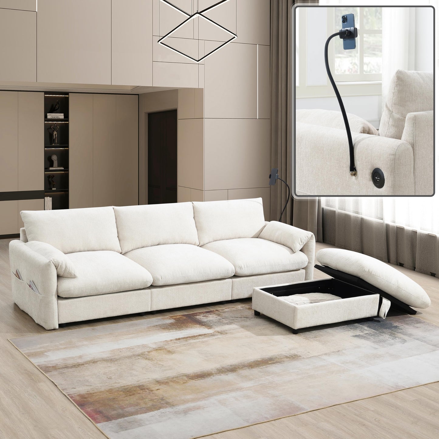 Merax Modern Chenille Sectional Sofa with Storage Ottoman, USB Charging Port & Phone Holder, L-Shaped 4-Seat Couch Set with Deep Seat for Living Room, Apartment, Beige