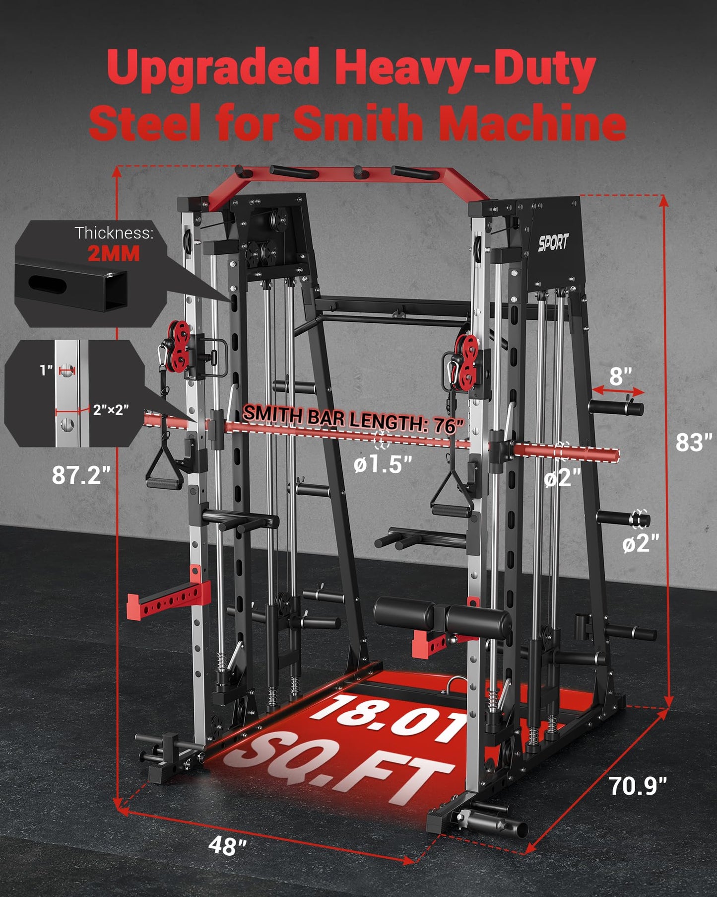 GarveeLife Smith Machine Home Gym All in One, 2200 LBS Squat Rack Power Cage with Smith Bar, LAT Pull-Down, Cable Systems, Leg Hold-Down and More Attachments, Workout Equipment (Red Black)