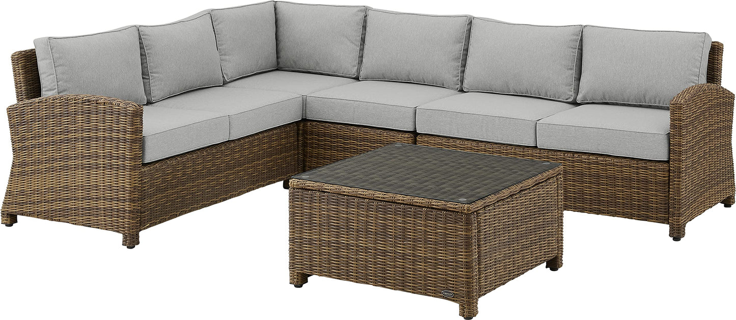 Crosley Furniture Bradenton 5-Piece Outdoor Sectional Sofa Wicker Conversation Patio Furniture Set for Deck, Brown with Gray Cushions