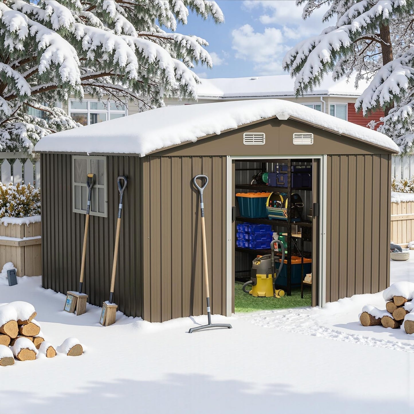 RTDTD 10FT x 8FT Outdoor Storage Shed,Waterproof Lockable Door Metal Tool Shed with Sliding Door and Air Vents,Storage House for Gardening Tools,Metal Storage Shed for Garden,Backyard,Lawn