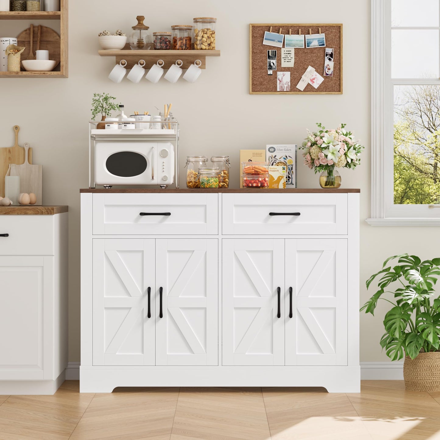 BOTLOG 47.2" Farmhouse Buffet Cabinet with Storage, Sideboard Cabinet with Drawers, Kitchen Storage Cabinet with Shelves for Living Room, Entryway, Rustic White