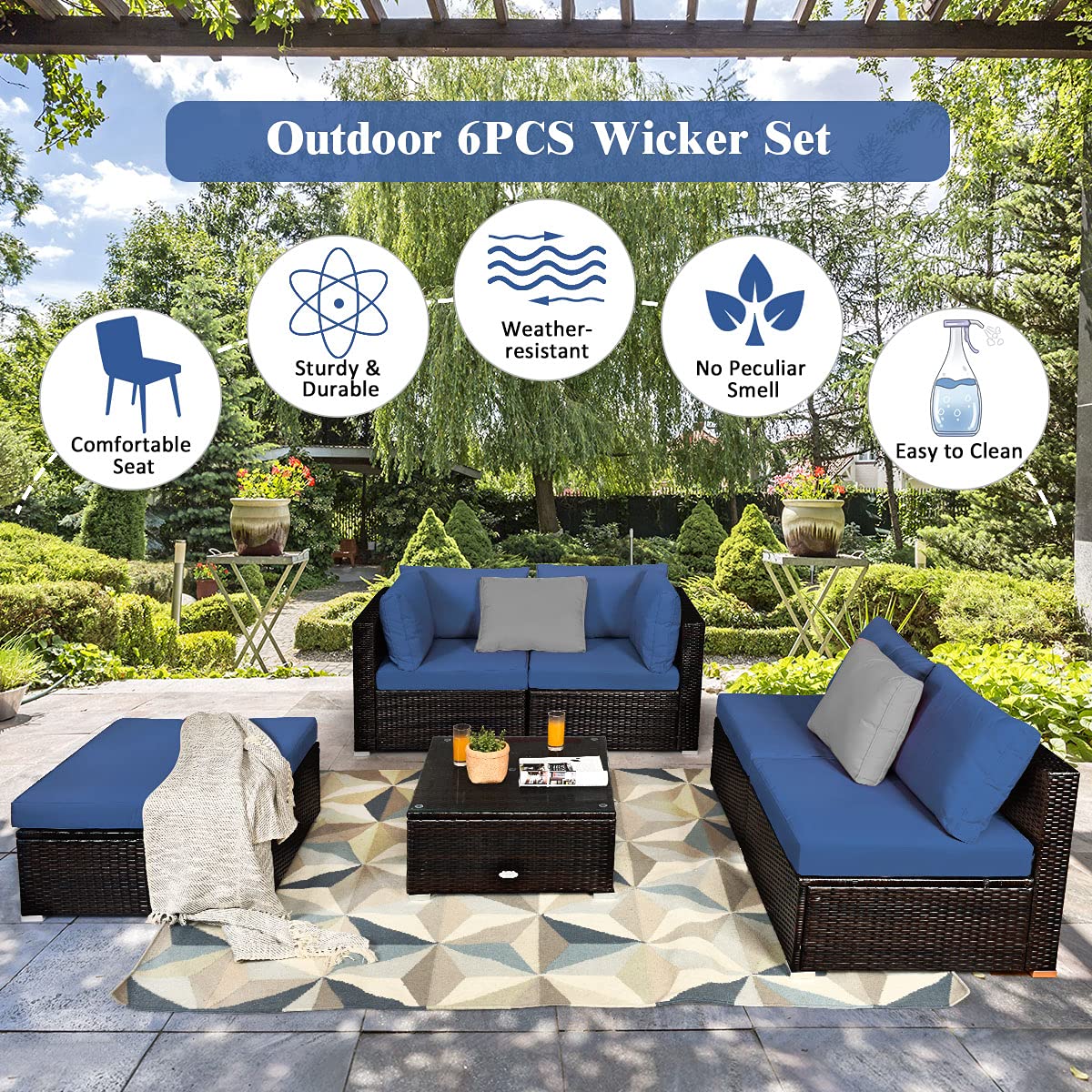 COSTWAY 6-Piece Outdoor Patio Furniture Set, Rattan Sectional Sofa Set with Tempered Glass Coffee Table, Cushions and Ottoman for Garden, Deck, Backyard (Navy)