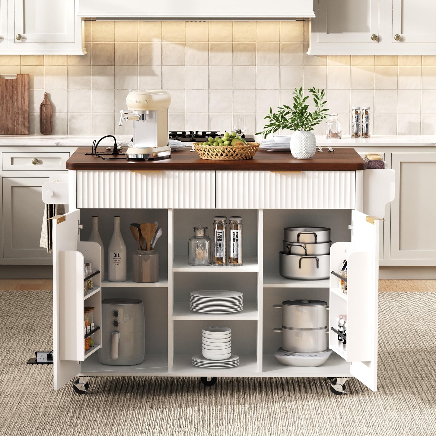 Merax Farmhouse 52 inch Kitchen Island on Wheels with Drop Leaf Table, Power Outlet, Wood Kitchen Rolling Cart with Faux Marble Top & 2 Doors & 2 Drawers, White
