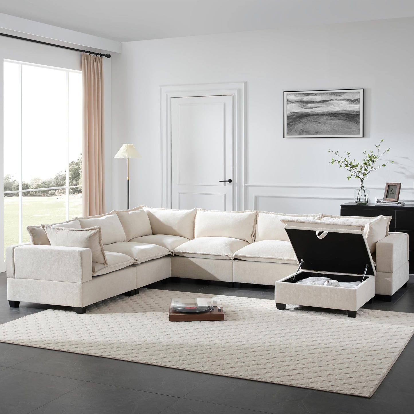 Merax Modern U-Shaped Modular Couch Set with Storage Ottoman, Chenille 7-Seat Sectional Sofa Sleeper Bed with Wide Seat for Living Room, Free Combination,Off White