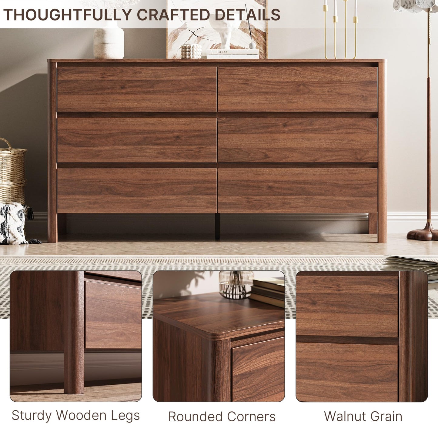 MAISONARIA Walnut Dresser for Bedroom, 55.1" Wide Dresser with 6 Drawers and Hidden Handles, Modern Wood Chest of Drawers for Clothes and Accessories, Stylish Storage Cabinet for Living Room, Entryway