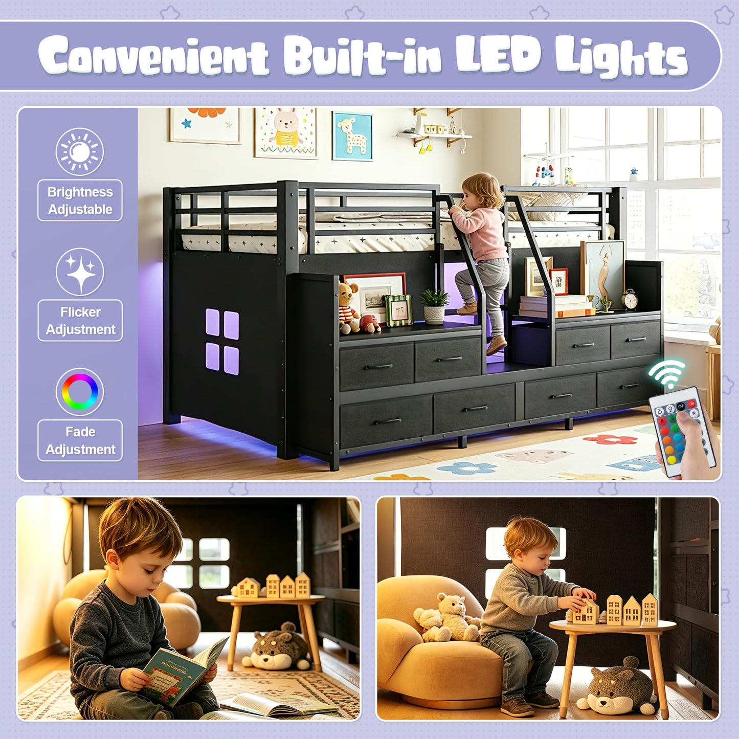 Bellemave Low Loft Bed Full Size with Storage Shelves & Fabric Drawers, Metal Full Loft Bed for Kids with LED Lights & Under-Bed Play Area, Low Loft Bed Frame for Bedroom, No Box Spring Needed, Black