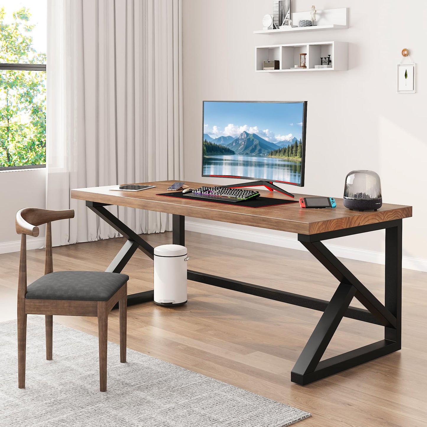 QZYJKJ 55inch Solid Wood Computer Desk,Large Office Desk Home Simple Modern Long Desk Study Writing Desk Dining Table for Home Office