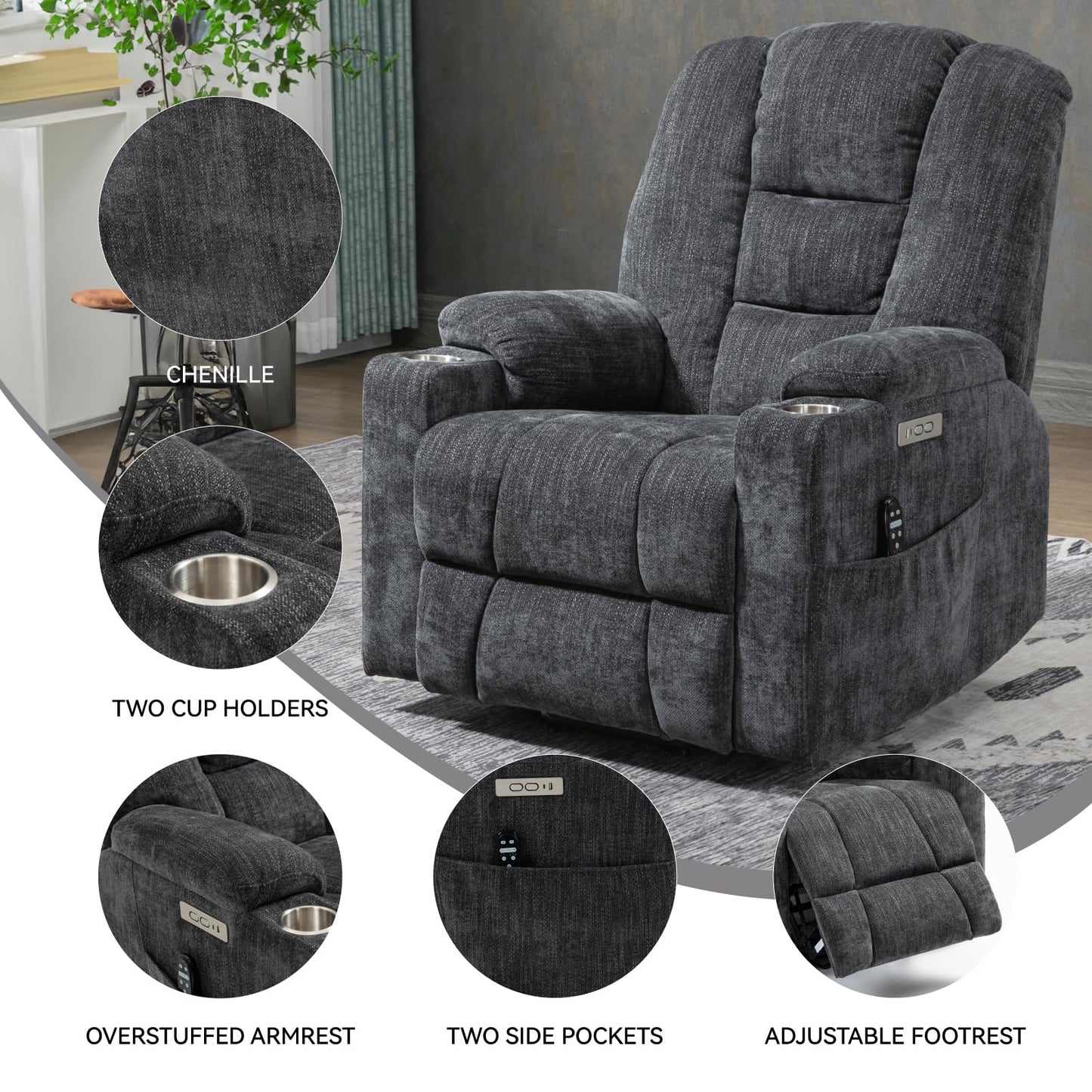 KEIKI Oversized Power Lift Recliner Chair with Heat & Massage, Reding Rocking Chair for Elderly, High Seat Comfy Chenille Recliner with Side Pockets, USB Port, Cup Holders & Lumbar Support, Grey