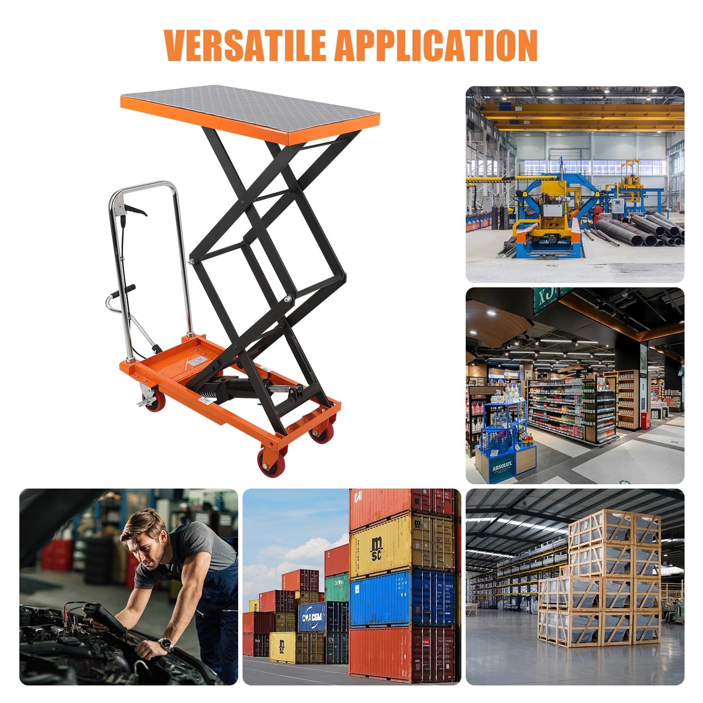 Garvee Manual Hydraulic Scissor Lift Table, 770lbs Capacity Double Scissor Industrial Cart with 4 Wheels, Anti-Slip Platform, 59" Max Height Adjustable Mobile Elevating Cart, Orange