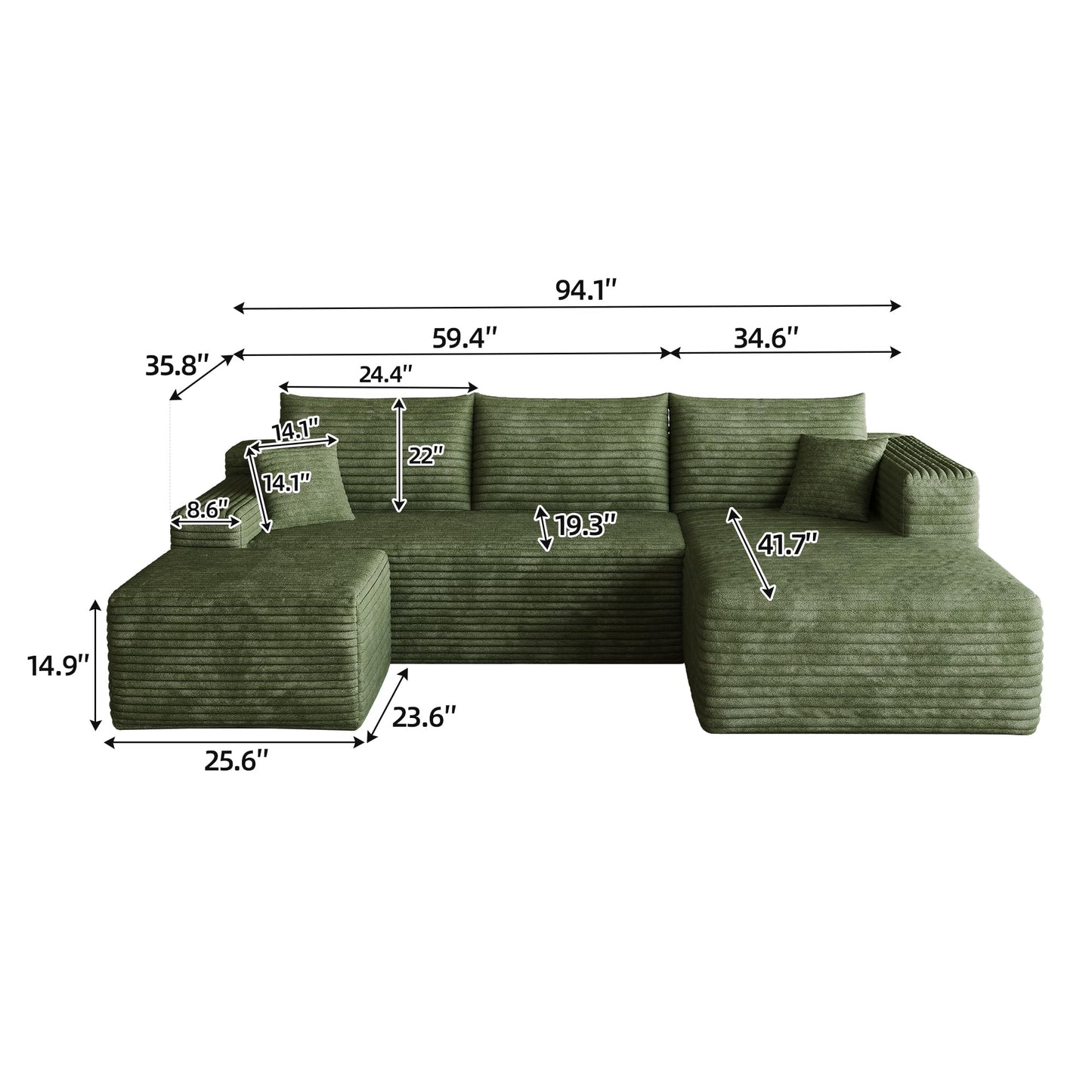 95" Cloud Boneless Sectional Sofa Couch with Chaise Lounge and Ottoman, Modern Corduroy Right Facing Modular Sectional Sofa Compressed Corner Couch with Deep Seat, No Assembly Required