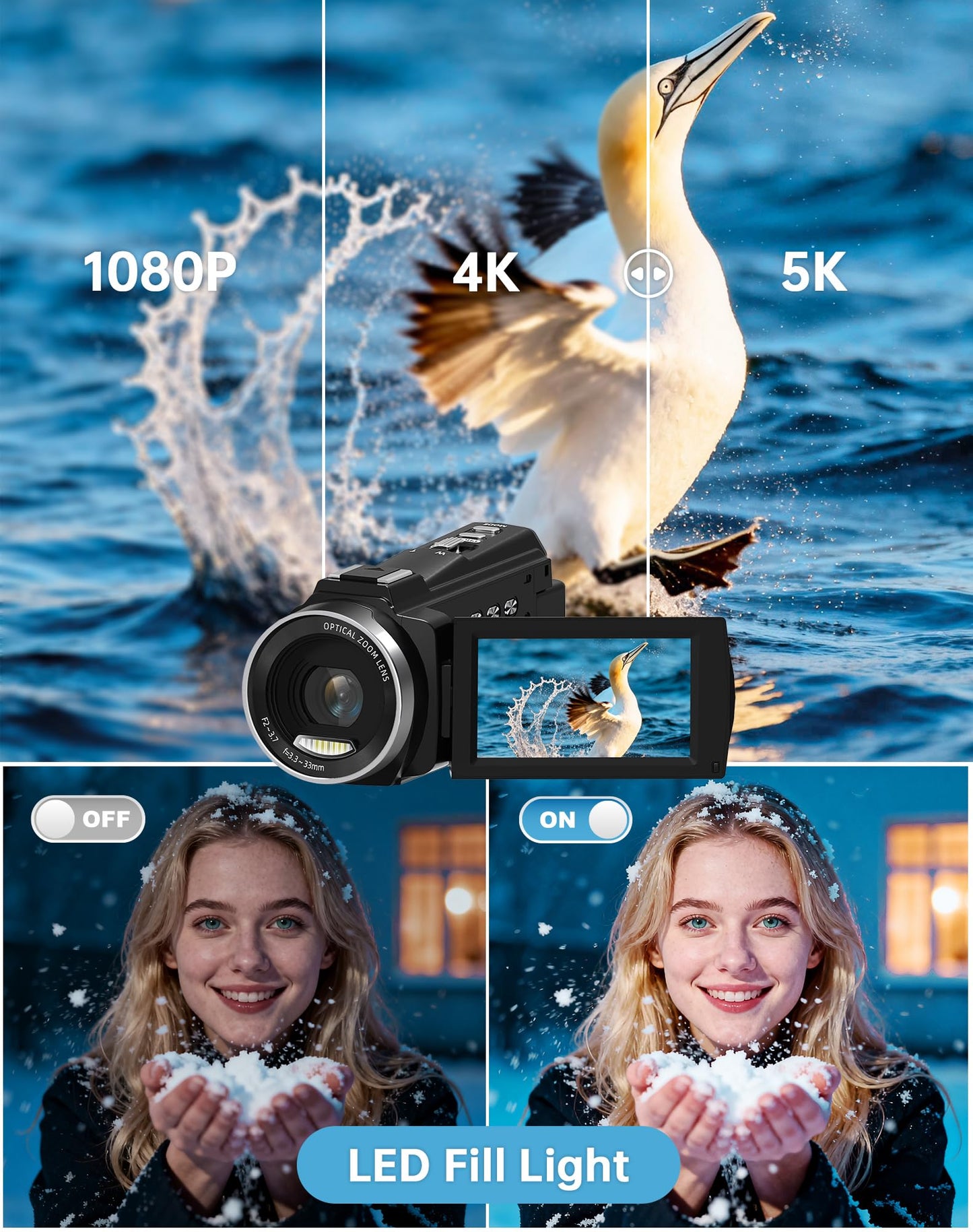 5K Video Camera Camcorder 48MP UHD WiFi Vlogging Camera for YouTube,10X Optical Zoom 3.0'' IPS Touch Screen Anti-Shake Digital Camera with LED Fill Light,64GB Card,Mic,Stabilizer,Remote,2 Batteries