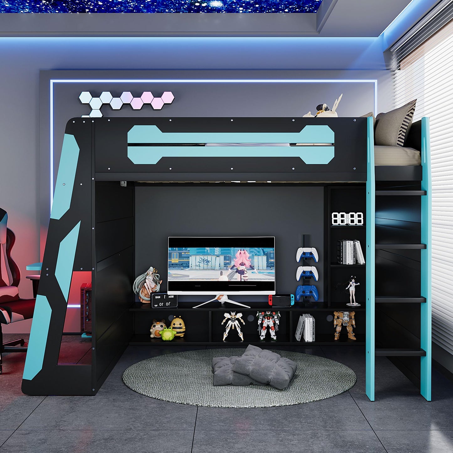 Merax Full Size Loft Bed with Desk and Multi-Storage Shelves, Wooden Gaming Loft Bed Frmae with Light and Charging Station, Space-Saving Bed with Safety Guardrail, No Box Spring Needed, Blue