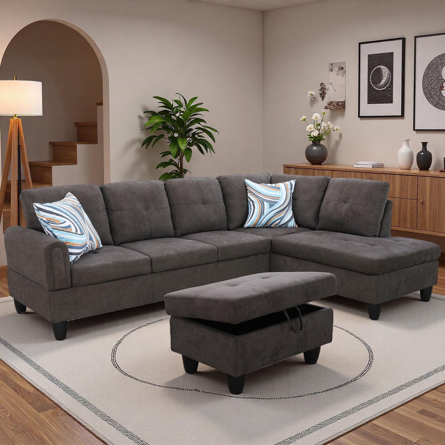 Topcomfy 97.5" L Shaped Couch Set, Modular Sectional Couches for Living Room with Storage Ottoman, 4 Seat Home Sofa Living Room Furniture Sets with Chaise for Apartment Office (Linen, Dark Brown)