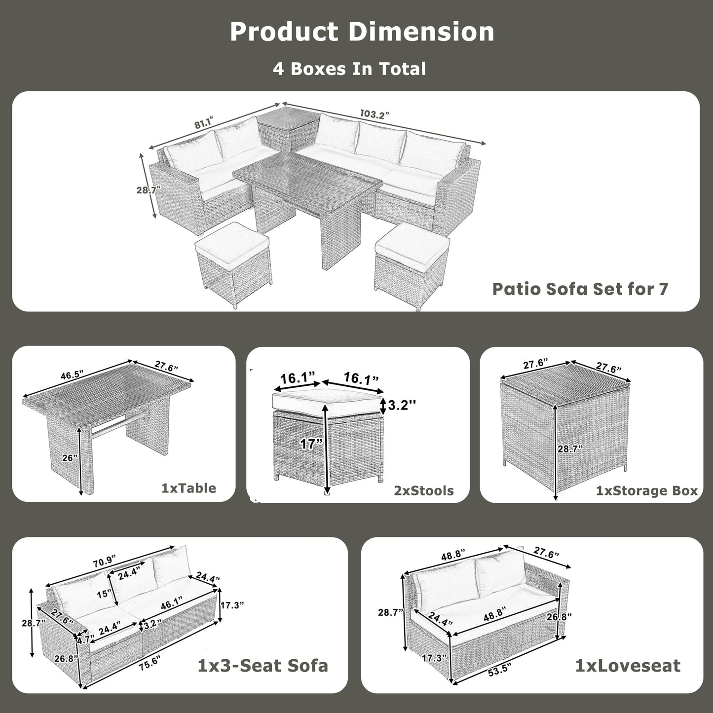 GDFStudio Julian Patio 6-Piece Conversation Set, Outdoor Wicker Sectional Sofa Set with Storage Box, Adjustable Seat Sofa, Tempered Glass Coffee Table and Stools, PE Rattan Furniture Set, Light Grey