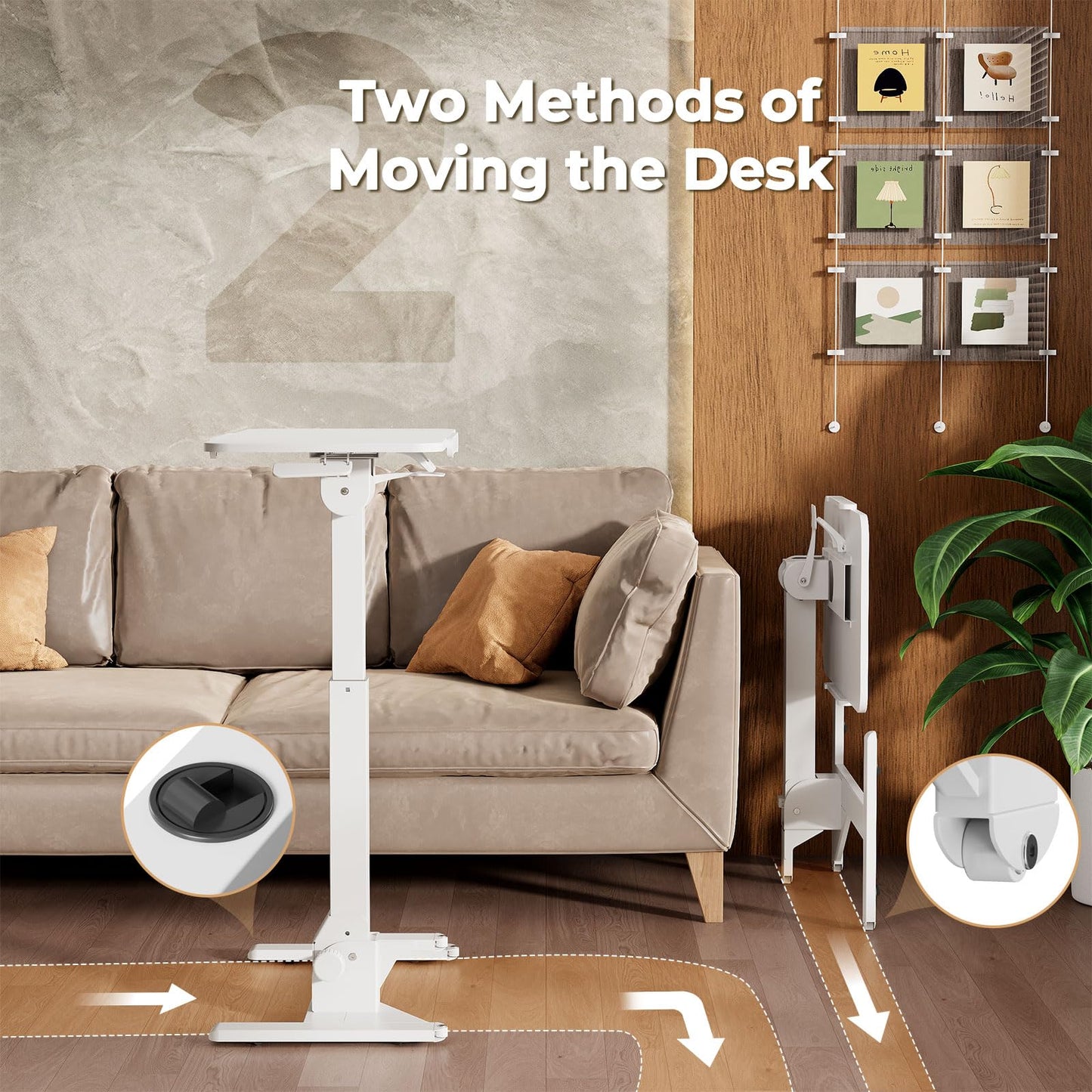 JOY worker Foldable Overbed Bedside Table, 180° Tiltable Mobile Standing Desk with Wheels, 31.5" Pneumatic Height Adjustable Rolling Laptop Desk for Home & Hospital Use, Easy Storage, White