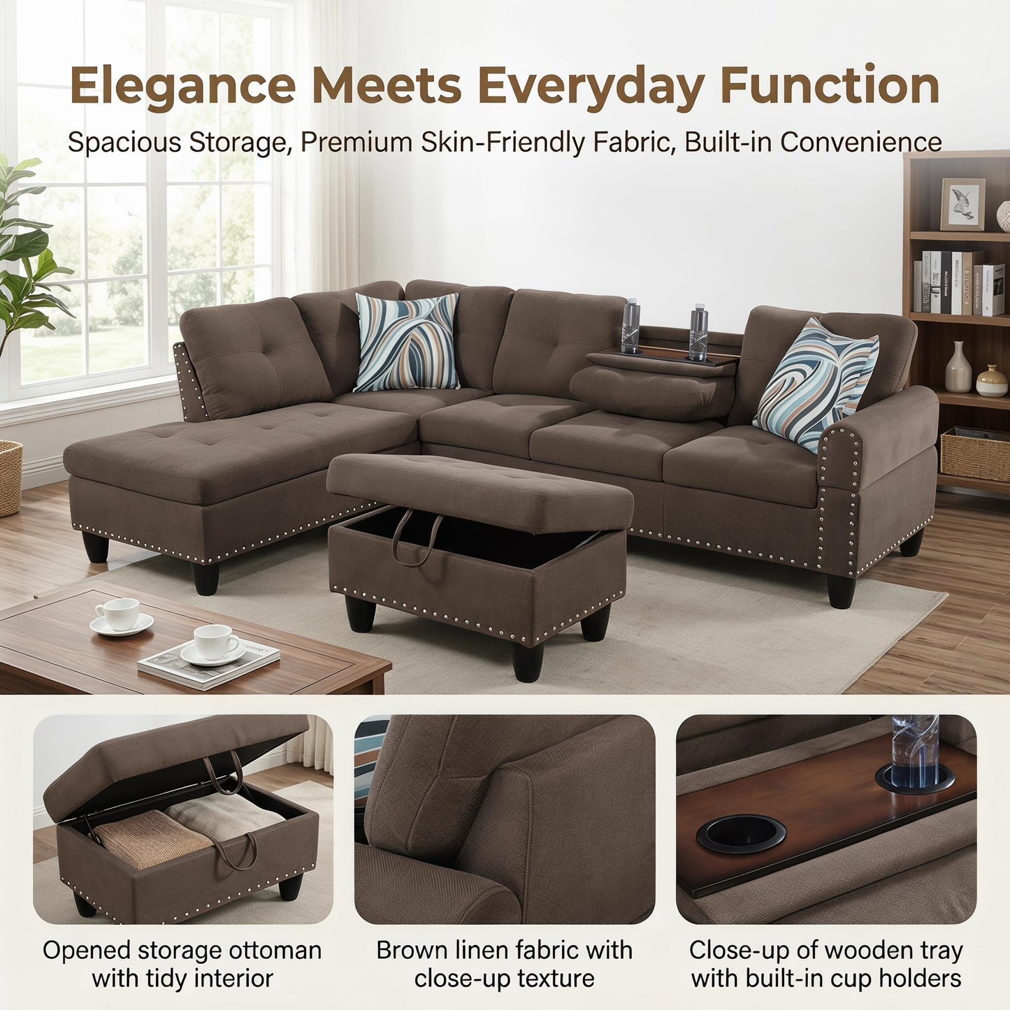 Trygoal 97.5" Linen L Shaped Couch with Left Chaise & Cup Holder, Sectional Sofas Modular Furniture Set with Storage Ottoman, Convertible Couches for Living Room, Small Space & Office (Brown)