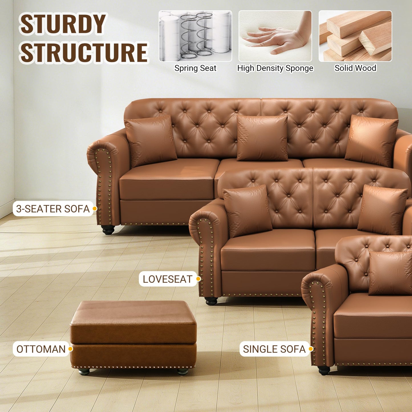 KEIKI 2-Piece Chesterfield Sofa Set with 1 Faux Leather 3-Seater Sofa & 1 Loveseat Sofa, Upholstered 5-Seater Couch Set with Nailhead Trim & Rolled Arms & 1 Ottoman & 5 Pillow, for Living Room, Brown