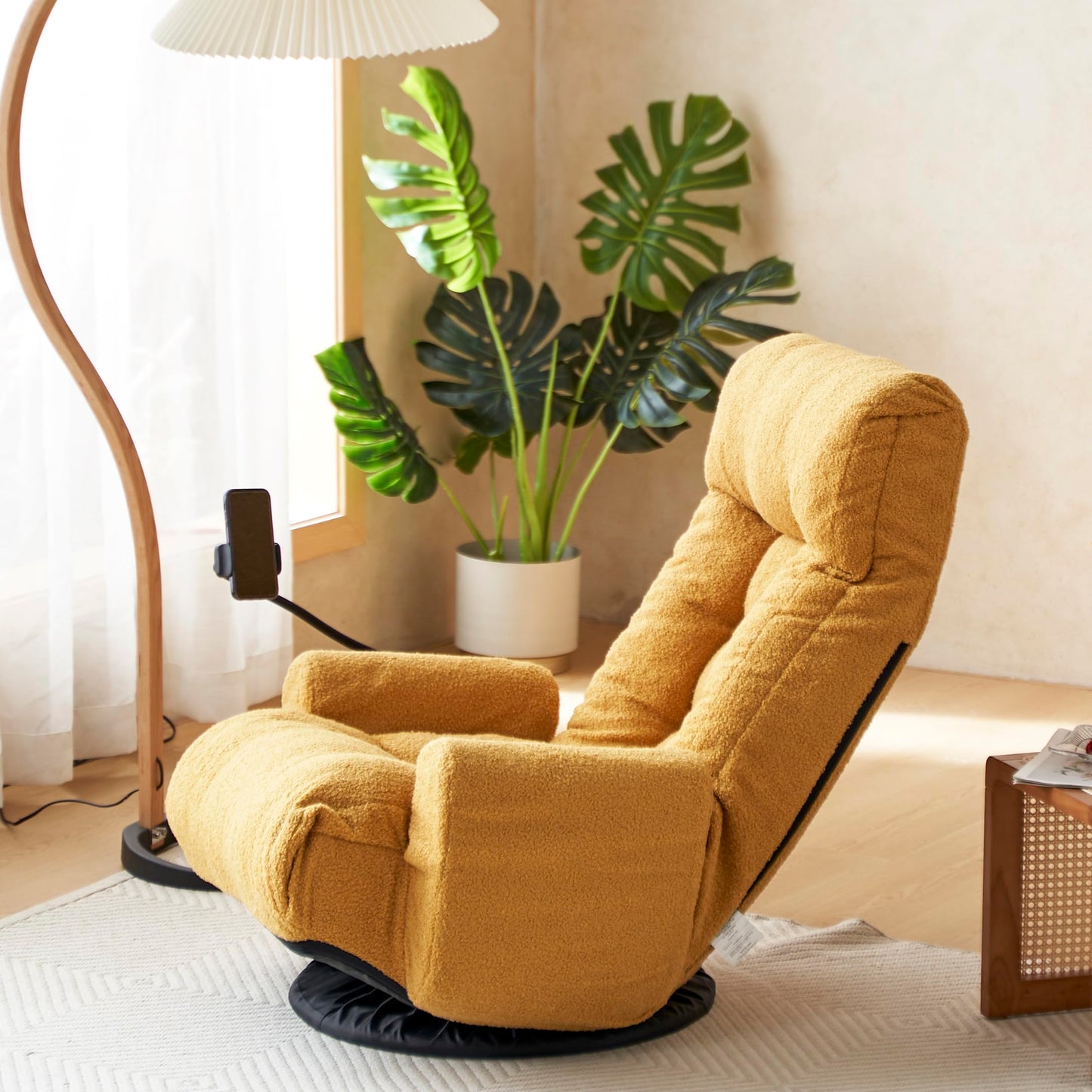 Noble House Home Furnishings Gwen Upholstered 360° Swivel Chair, Lounge Chair with Adjustable Backrest/Headrest, Metal Frame Living Room Lounge Sofa and Phone Holder, Comfy Bean Bag Chair, Yellow