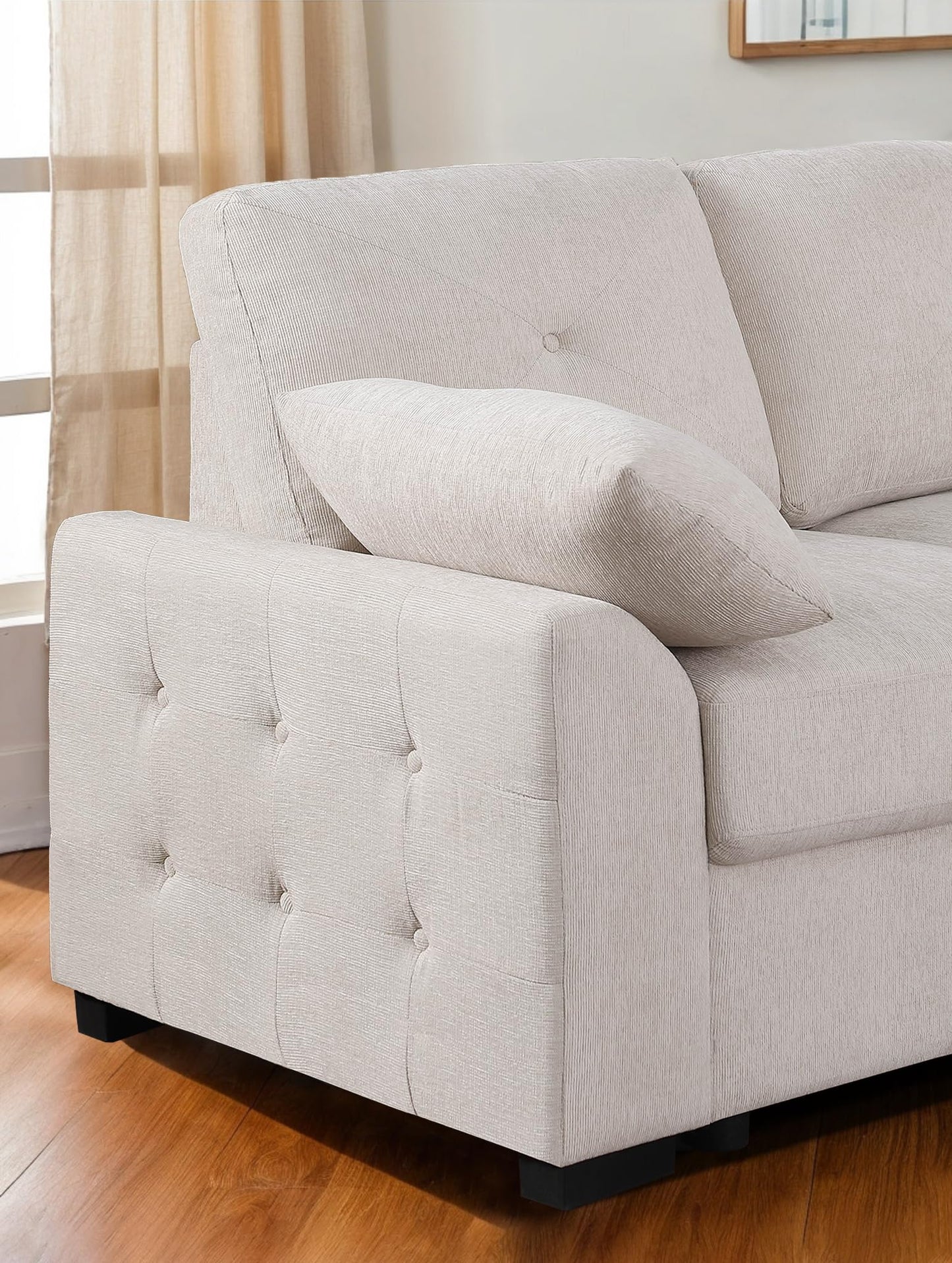 ERYE U-Shaped Pull Out Sleeper Couch Bed, Modern Chenille Upholstered Button Tufted Corner Couch Right Facing Sectional Sleeper Sofa Bed W/Storage Chaise and 2 Pillows