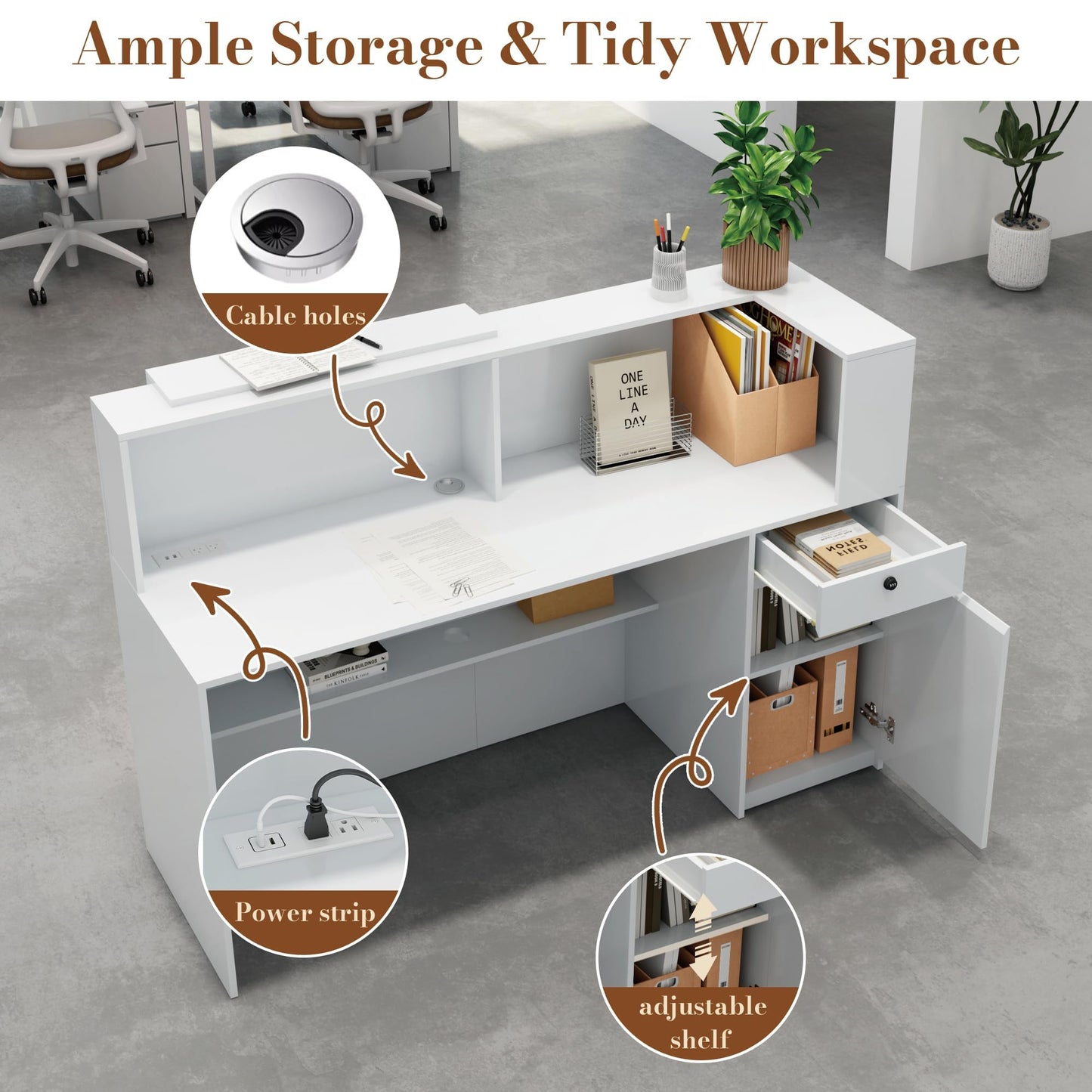 Reception Desk with Counter, Small Front Desk Reception Counter Lockable Drawer, Grille Design Wooden Modern Reception Table for Salon Lobby Office Home Supermarket (White-1)