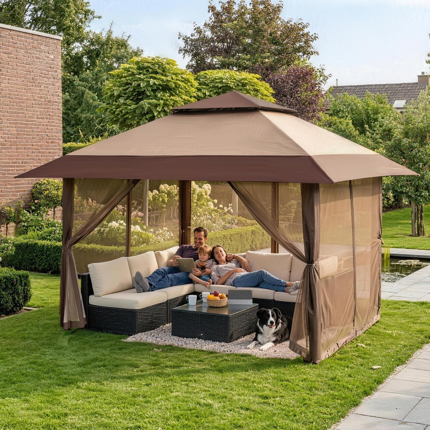 CROWN SHADES 13x13 Pop Up Gazebo, Canopy Tent, Gazebos on Clearance - Outdoor Gazebo for Backyard & Patio Furniture - Carpa Pop Up Tent with Wheeled STO-N-Go Cover Bag (Beige & Coffee)