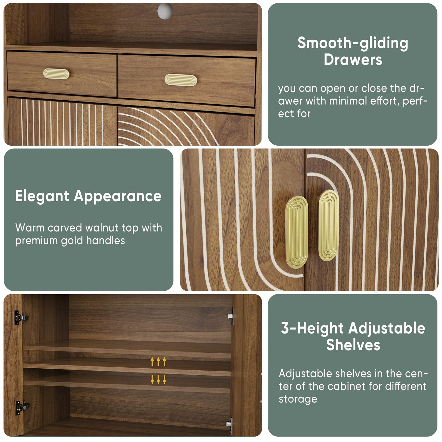 Smart FENDEE 70.87" Tall Kitchen Pantry Cabinet with Line Grooved Doors, Storage Cupboard with 2 Drawers, Adjustable Shelves & Gold Handles for Dining Room, Bathroom, Walnut