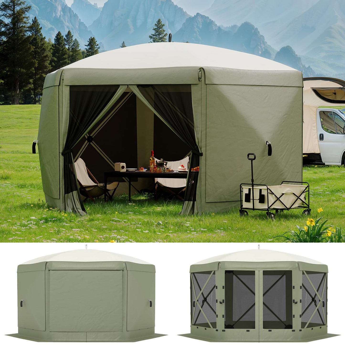 Garvee 13FT Pop-Up Gazebo 6-Sided, Outdoor Canopy Tent with Mosquito Netting & Removable Wind Cloths for Camping, Backyard Parties, Outdoor Events, Army Green