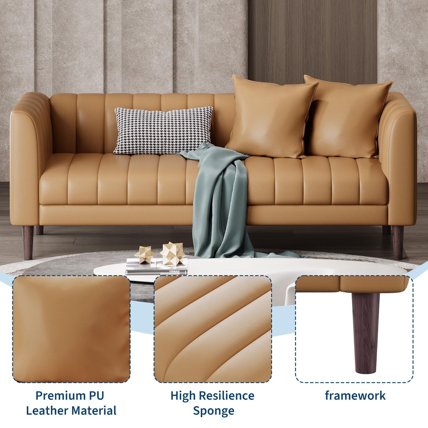 IDEALHOUSE 83" W Faux Leather Sofa Couch for Living Room, Modern 3 Seater Sofa Couch with Deep Seats, 2 Throw Pillows and Wood Legs, for Small Space, Bedroom, Apartment, Home Office, Brown