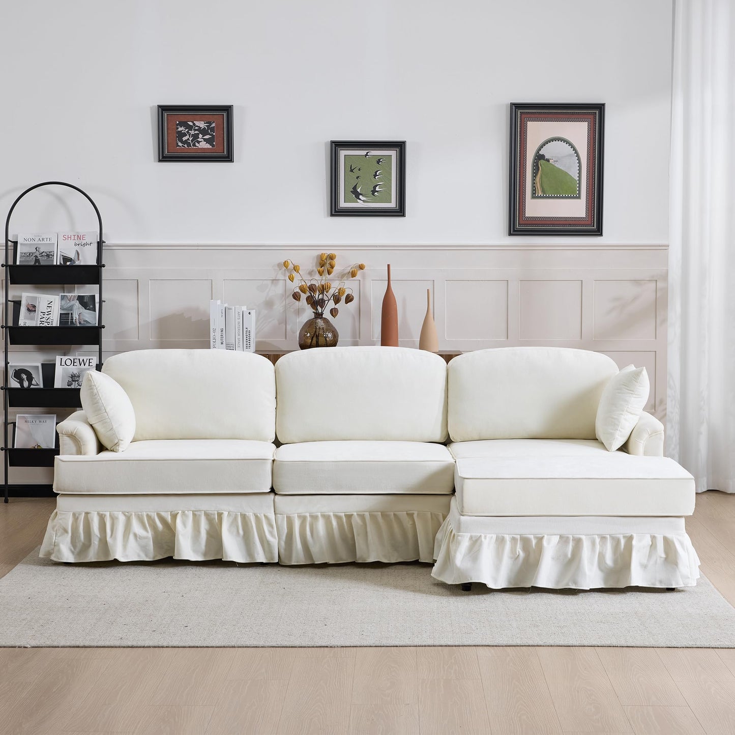 ERYE 103" L-Shaped Convertible Sectional Sofa W/Removable Ottoman and Ruffled Pleated Skirt, Comfy Chenille Sectional Couch Reversible Corner Sofa Couch for Living Room