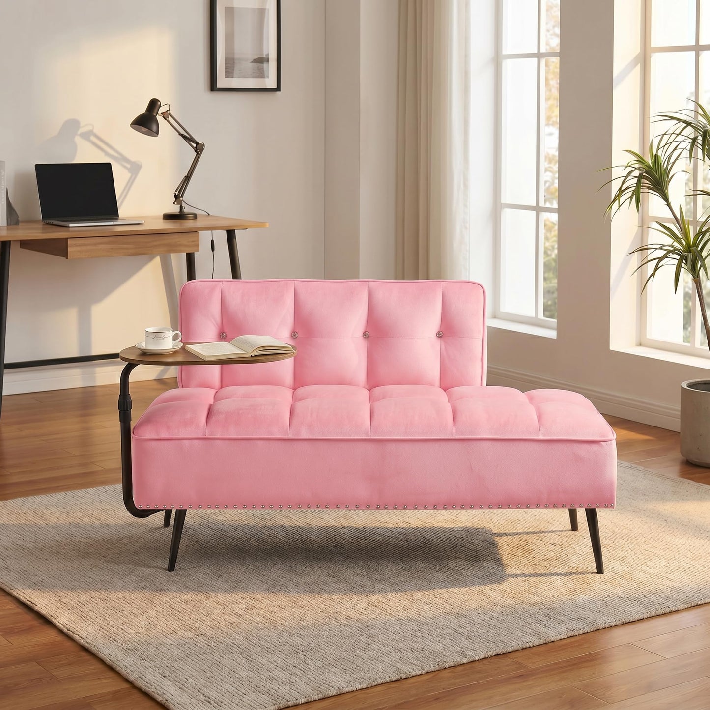 Trygoal Velvet Loveseat Sofa Couch, Futon Sofa Couch with 360° Swivel Side Table, Small Couches with Backrest and Foam Cushion for Small Spaces, Entryway Bench, Apartment, Bedroom, Pink