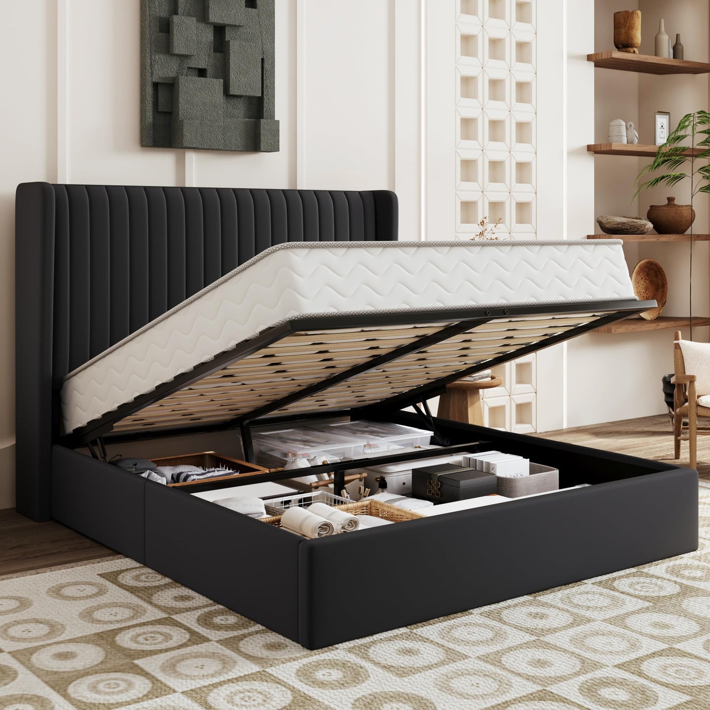 SHA CERLIN Queen Size Lift Up Storage Bed Frame, Vertical Channel Tufted Headboard with Wingback, Hydraulic Underneath Storage Space, Soft Velvet Upholstered Platform Bed, No Box Spring Needed, Black