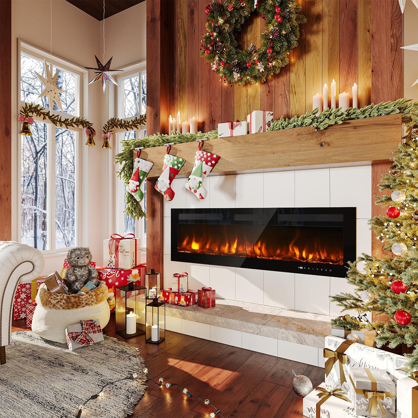 OneBlis Electric Fireplace, 60 inch Wide Recessed/Wall Mounted Electric Fireplace, Remote Control with Timer 12 Adjustable Color Flame, Remote Control, Log Set & Crystal