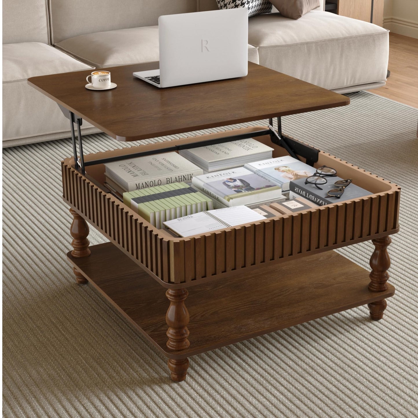 KEIKI 31.5" Square Lift Top Wood Coffee Table with Hidden Storage,Hydraulic Raising Mechanism Retro Style for Living Room