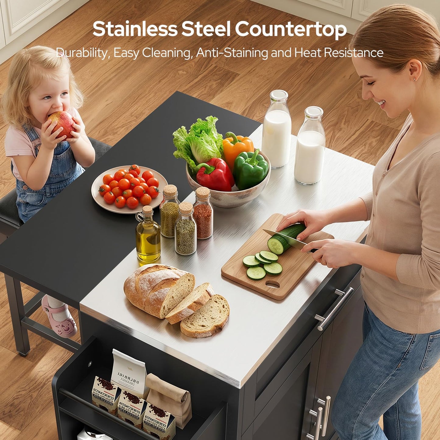 Concho 41'' Rolling Kitchen Island with Seating and Stainless Steel Countertop, Mobile Kitchen Carts with Folding Drop Leaf, Bar Stool, Power Outlet, Spice/Towel Rack, Zest Black