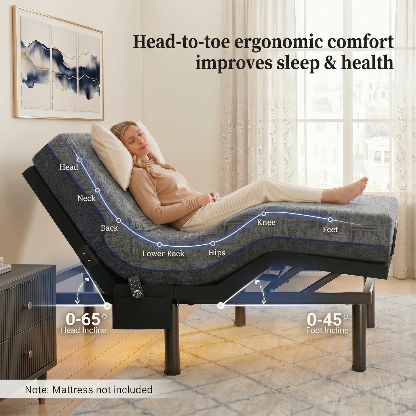 Marsail Queen Adjustable Bed Frame, Dual Motor Electric Bed Base with Head and Foot Incline, Zero Gravity, Wireless Remote Control, 4 USB Ports, LED Night Light, Adjustable Height Legs