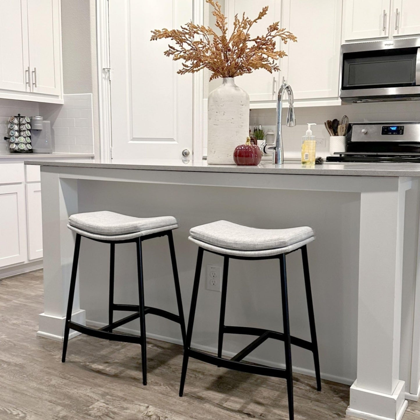 Arlo Modern Backless Upholstered Kitchen Counter Bar Stool with Double-Layered Saddle Seat and Black Metal Base, Grey/Matte Black, Set of 4