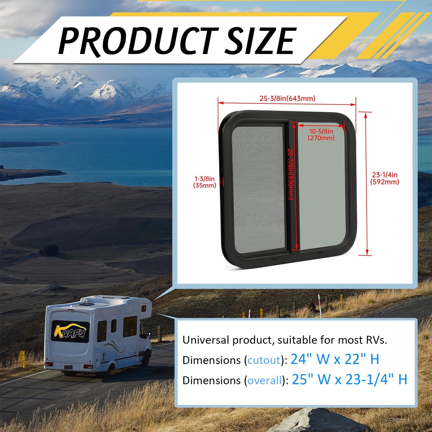 KUAFU RV Side Window Replacement, Teardrop Horizontal Slide, 24inx22in, Tinted Glass, Model GO-3648